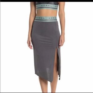Koral Marlow Banded Logo Ribbed Pull On Midi Skirt M Gray Stretchy Athleisure